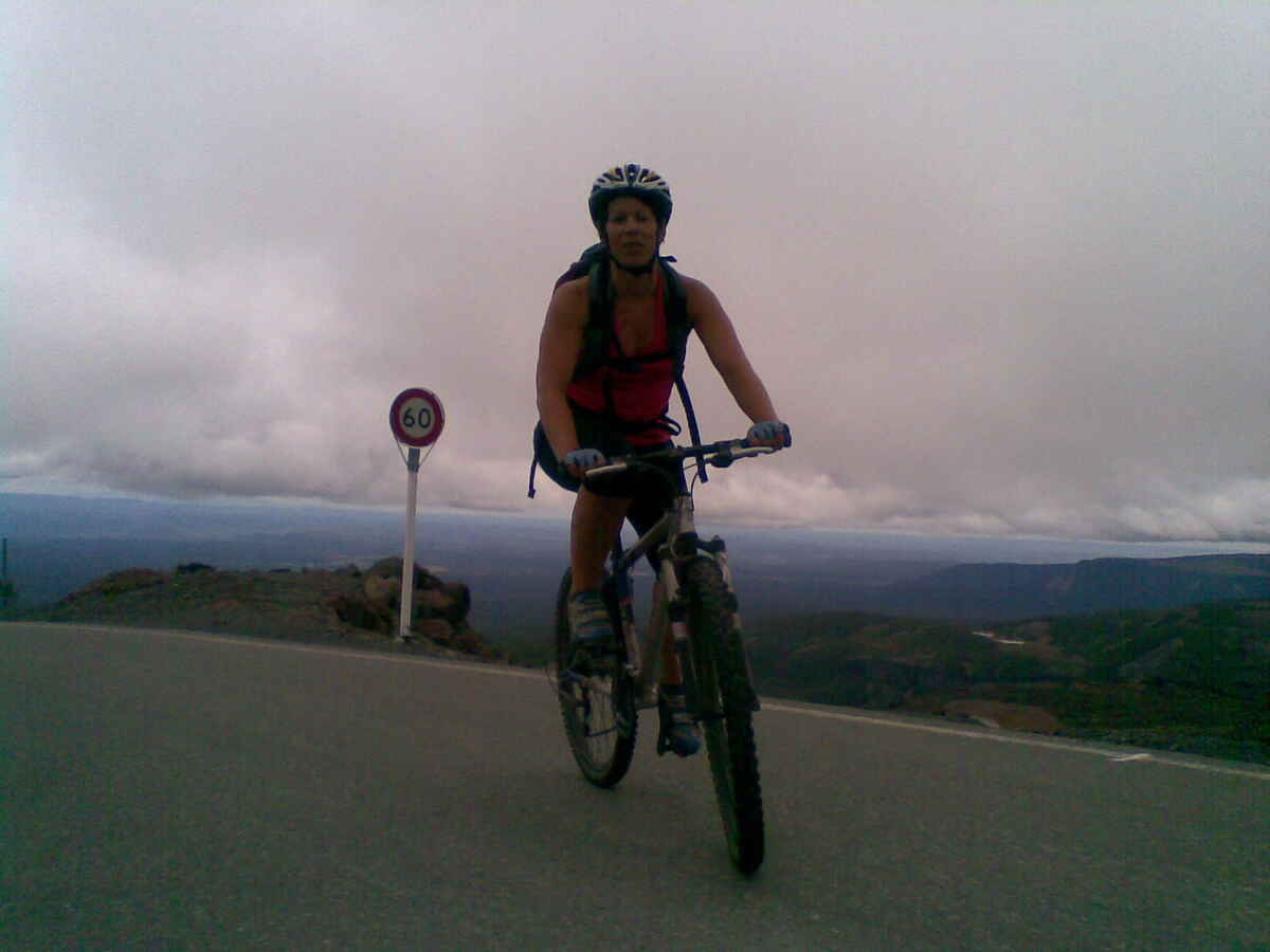 An exhausted biker - try a road bike, it's faster! 